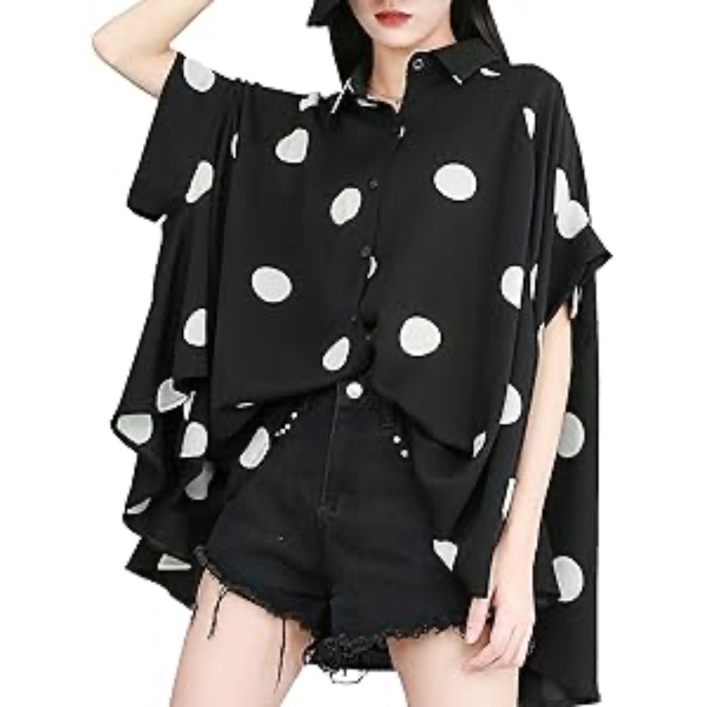 ellazhu Women's Batwing Sleeve Polka Dot Printed Button Down Blouse Oversized